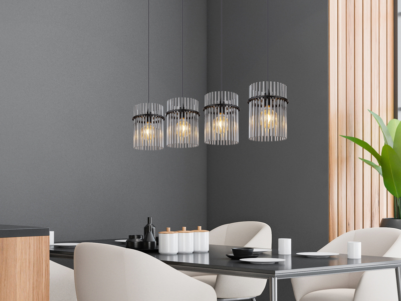 Pendelleuchte GORLEY 4-flammig mit Rauchglas Stäben, Breite 110cm
