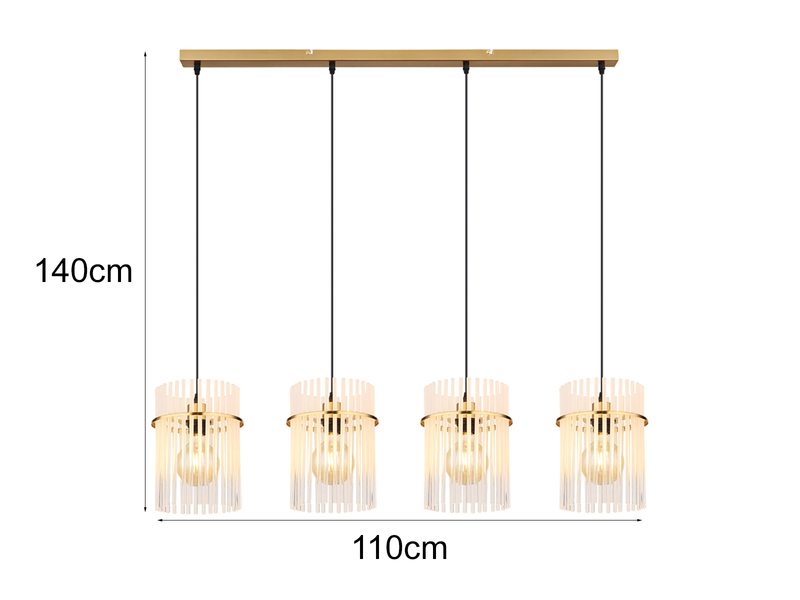 Pendelleuchte GORLEY 4-flammig mit transparenten Echtglas Stäben, Breite 110cm