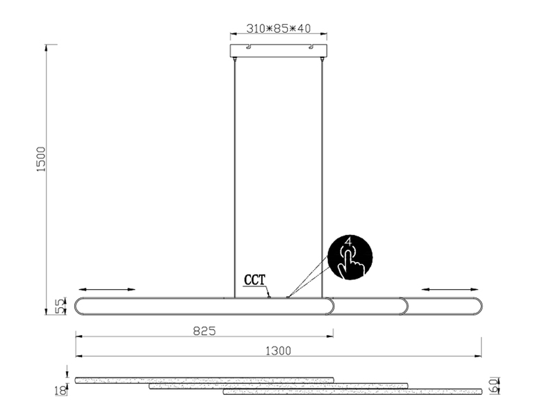 LED Pendelleuchte HELIOS Schwarz-Chrom ausziehbar bis 130cm, mit TOUCH Dimmer