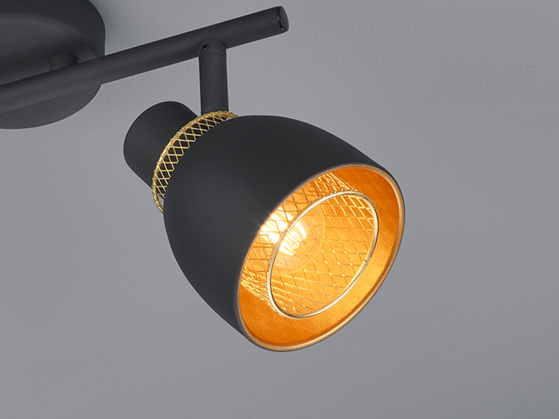 Deckenstrahler PUNCH 2-flammig Schwarz Gold mit Drahtgeflecht, Breite 28cm