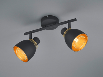 Deckenstrahler PUNCH 2-flammig Schwarz Gold mit Drahtgeflecht, Breite 28cm