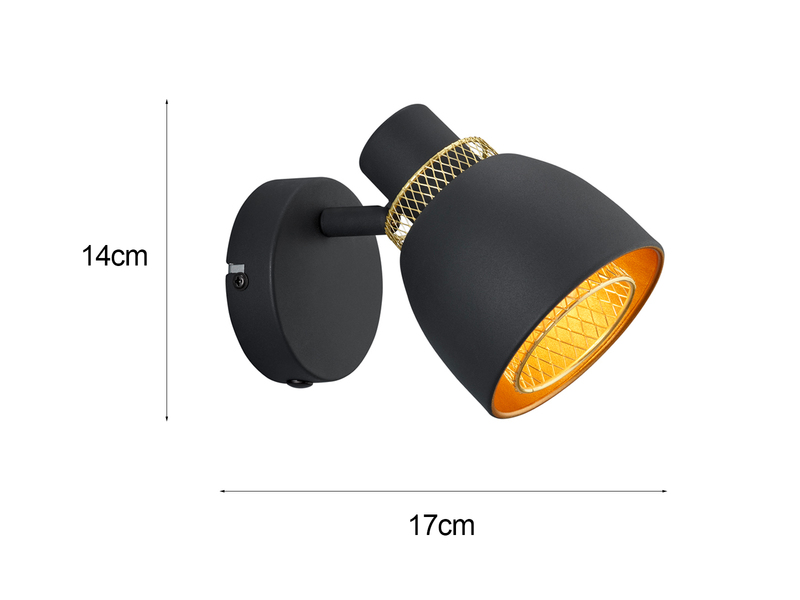 LED Wandstrahler Metall Schwarz Gold mit Drahtgeflecht, Höhe 14cm