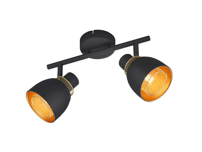 LED Deckenstrahler 2-flammig Metall Schwarz Gold mit Drahtgeflecht Breite 28cm