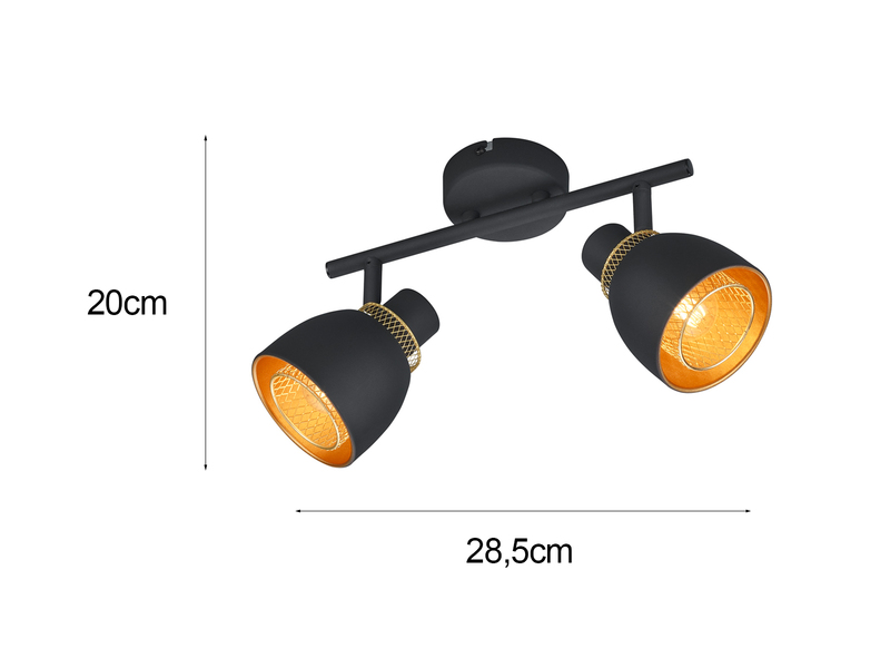 LED Deckenstrahler 2-flammig Metall Schwarz Gold mit Drahtgeflecht Breite 28cm