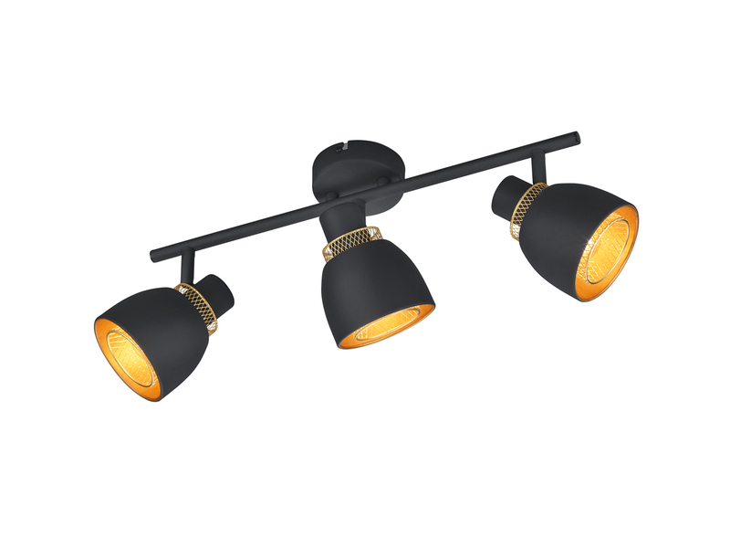 LED Deckenstrahler 3-flammig Metall Schwarz Gold mit Drahtgeflecht Breite 45cm