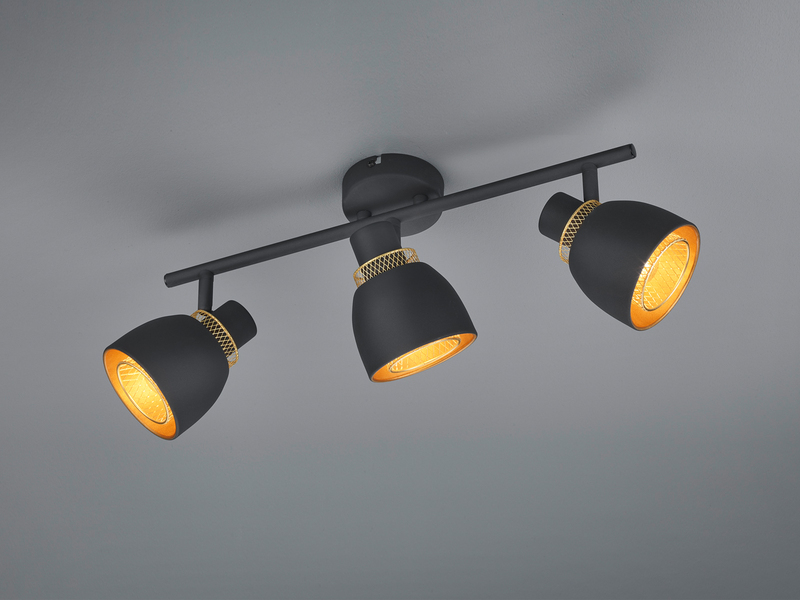 LED Deckenstrahler 3-flammig Schwarz Gold mit Drahtgeflecht, Breite 45cm