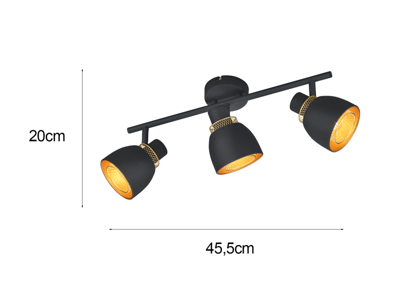 LED Deckenstrahler 3-flammig Schwarz Gold mit Drahtgeflecht, Breite 45cm