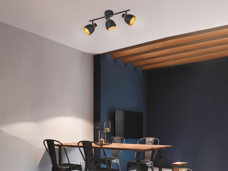 LED Deckenstrahler 3-flammig Schwarz Gold mit Drahtgeflecht, Breite 45cm