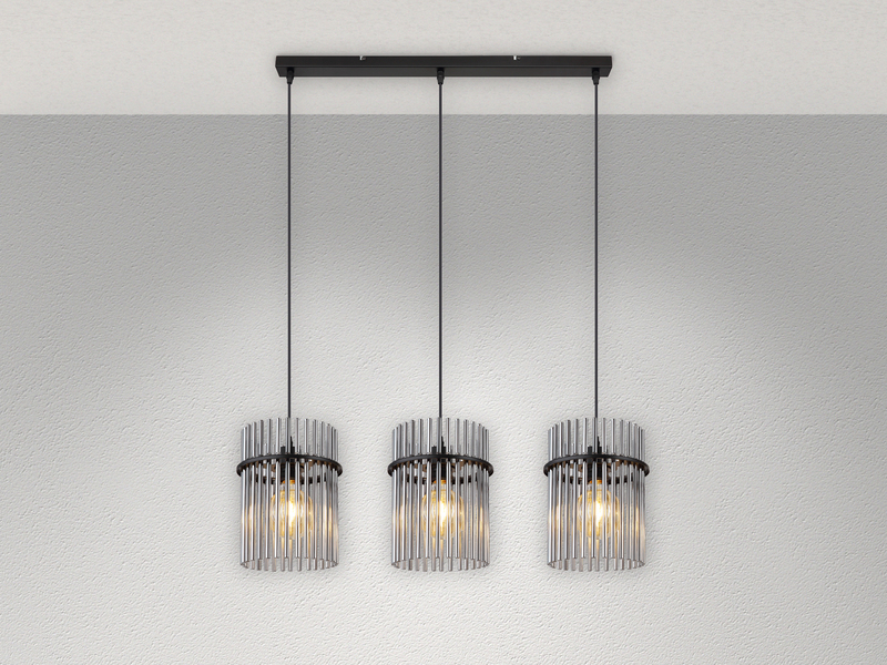 LED Pendelleuchte 3-flammig mit Rauchglas Stäben, Breite 80cm