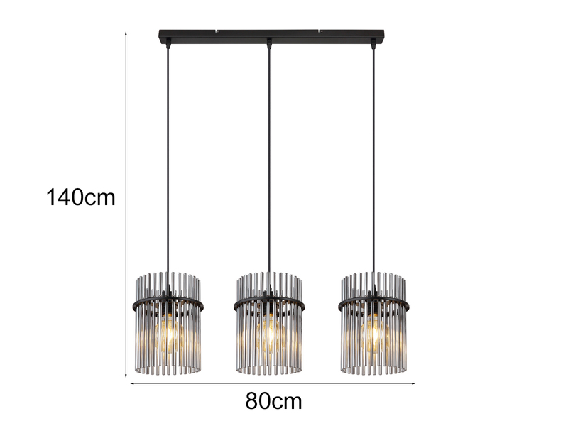 LED Pendelleuchte 3-flammig mit Rauchglas Stäben, Breite 80cm