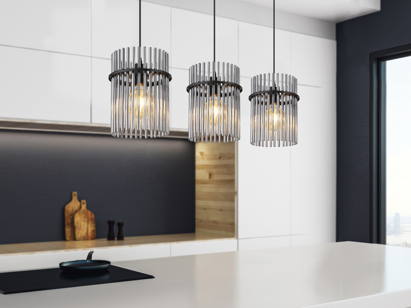 LED Pendelleuchte 3-flammig mit Rauchglas Stäben, Breite 80cm