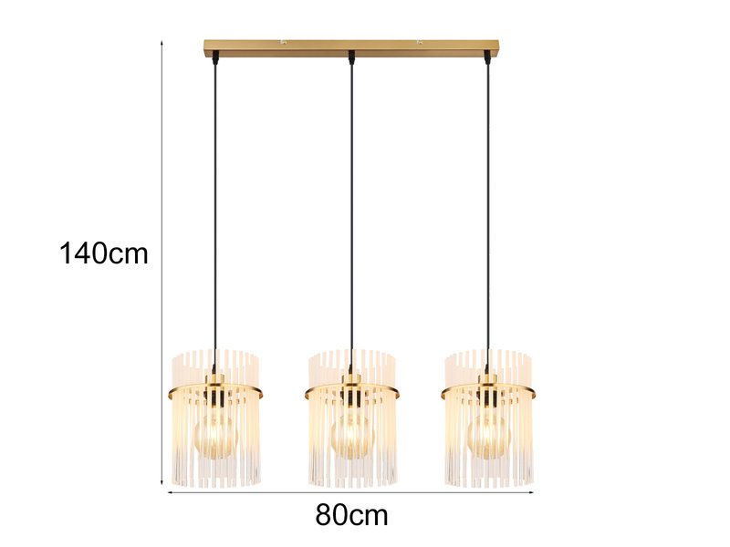 LED Pendelleuchte 3-flammig mit transparenten Echtglas Stäben, Breite 80cm