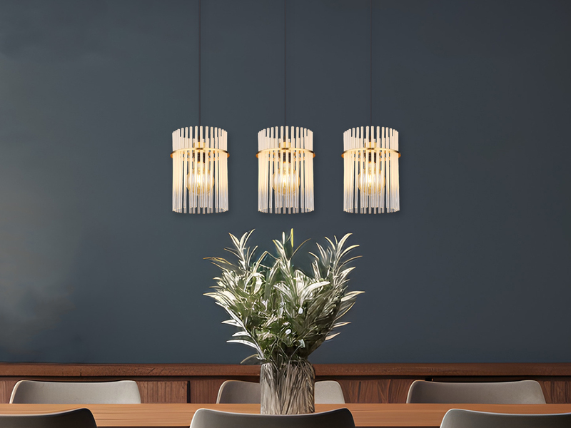 LED Pendelleuchte 3-flammig mit transparenten Echtglas Stäben, Breite 80cm
