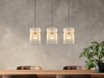 LED Balkenpendelleuchte 3-flammig mit transparenten Echtglas Stäben, B 80cm