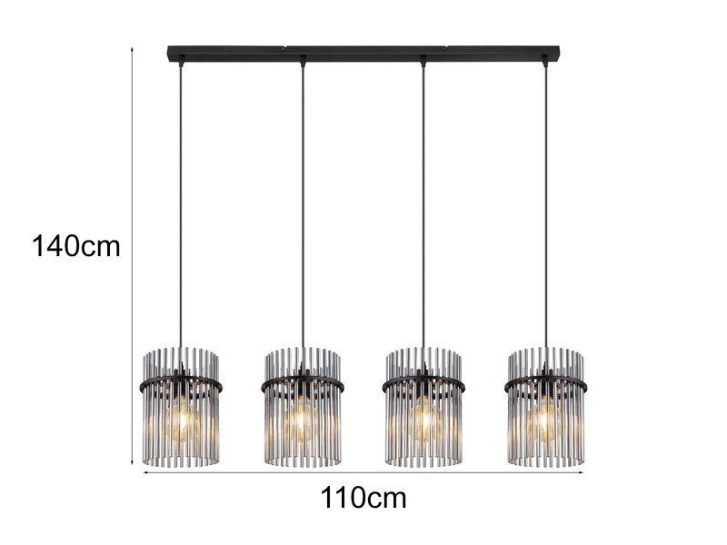 LED Pendelleuchte 4-flammig mit Rauchglas Stäben, Breite 110cm