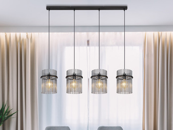 LED Balkenpendelleuchte 4-flammig mit Rauchglas Stäben, Breite 110cm