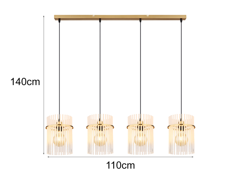 LED Balkenpendelleuchte 4-flammig mit transparenten Echtglas Stäben, B 110cm