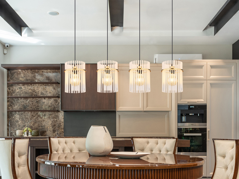 LED Pendelleuchte 4-flammig mit transparenten Echtglas Stäben, B 110cm