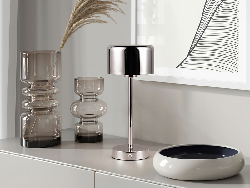 2er SET Akku Tischleuchten, per USB aufladbar, dimmbar, Silber Chrom, Höhe 30cm
