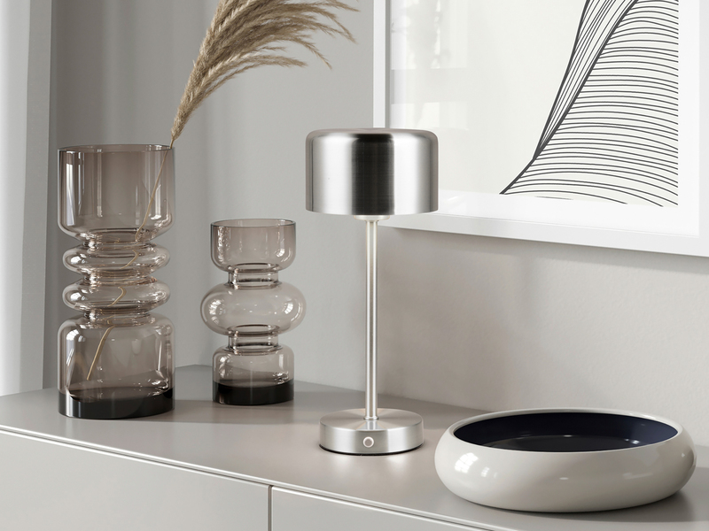 2er SET Akku Tischleuchten, per USB aufladbar, dimmbar, Silber matt, Höhe 30cm