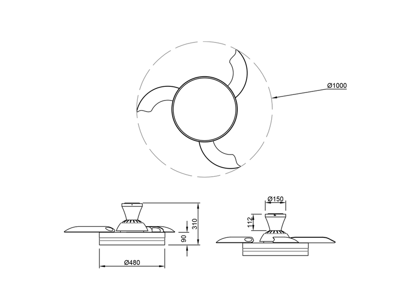 LED Deckenleuchte Ø48 - 100cm Grau, mit ausklappbarem Ventilator