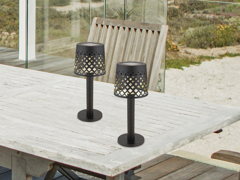 Kleine LED Outdoor Solar Tischleuchte Schwarz mit Gitterschirm, Höhe 21cm