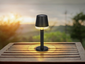 Kleine LED Outdoor Solar Tischleuchte aus Kunststoff in Schwarz, Höhe 21,5cm