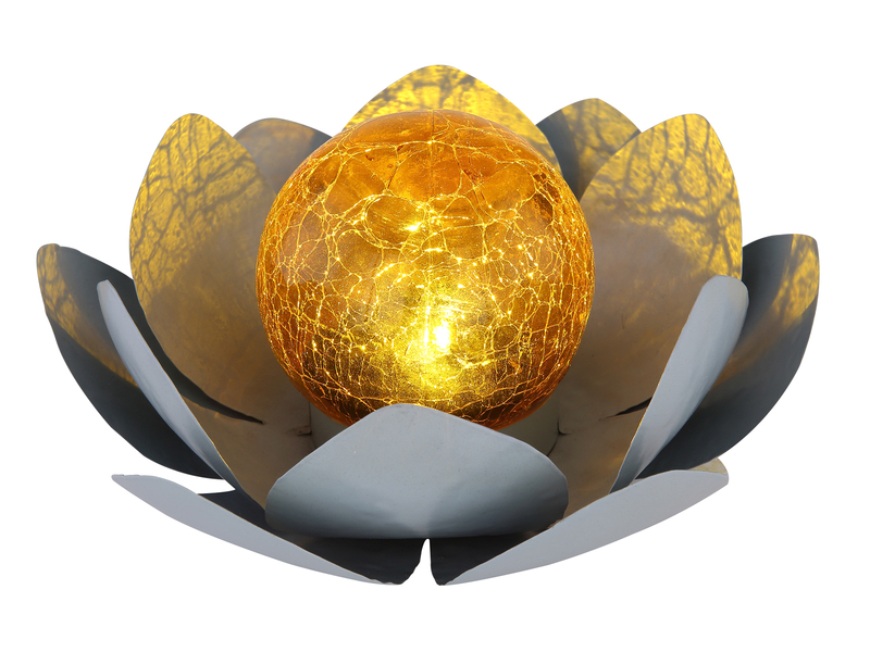 LED Deko Solarleuchte Seerose mit Cracklekugel, Grau Ø25cm
