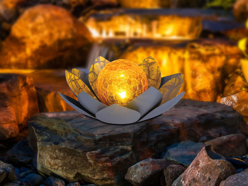 LED Deko Solarleuchte Seerose mit Cracklekugel, Grau Ø25cm