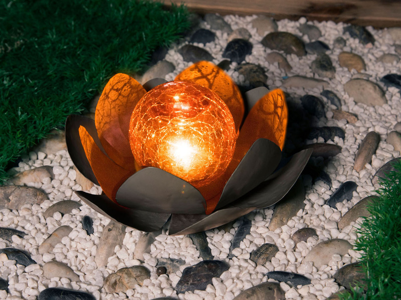 LED Deko Solarleuchte Seerose mit Crackle Glaskugel, Grau Ø25cm