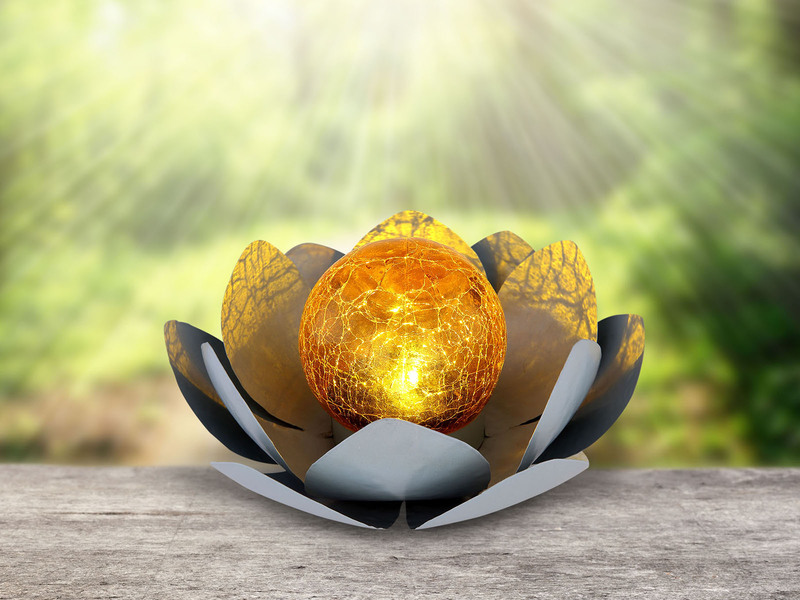 LED Deko Solarleuchte Seerose mit Cracklekugel, Grau Ø25cm