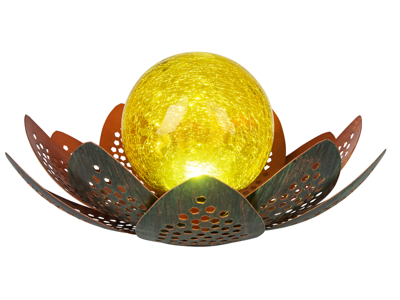 LED Deko Solarleuchte Seerose mit Crackle Glaskugel, Grün-Gold Ø22cm