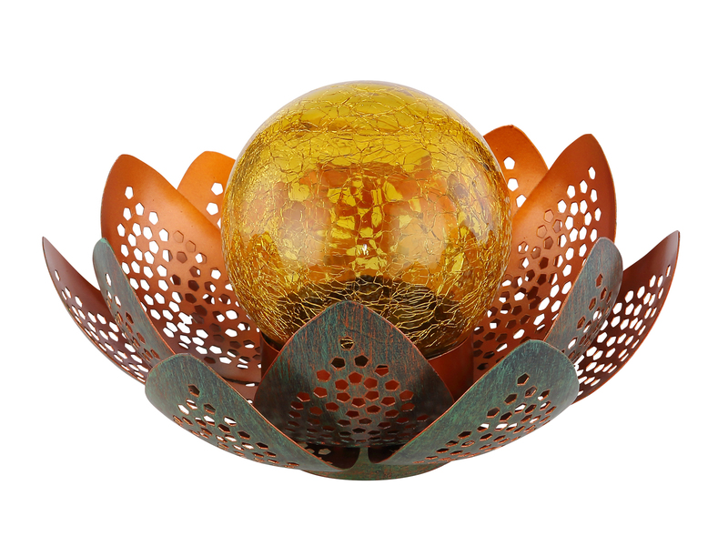 LED Deko Solarleuchte Seerose mit Crackleglas Kugel, Grün-Gold, Ø22cm