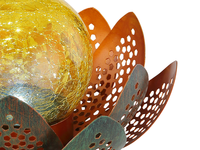 LED Deko Solarleuchte Seerose mit Crackleglas Kugel, Grün-Gold, Ø22cm
