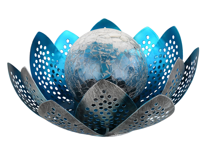 LED Deko Solarleuchte Seerose mit Crackle Glaskugel, Silber-Blau Ø25cm