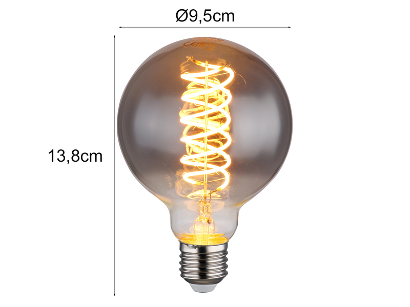 E27 Filament LED - 8,5 Watt, 280 Lumen, 2000 Kelvin Ø9,5cm - extern dimmbar