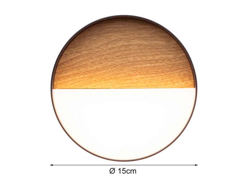 Akku Wandleuchte MEG dimmbar für Innen & Außen, zum Kleben, Holzoptik Ø15cm