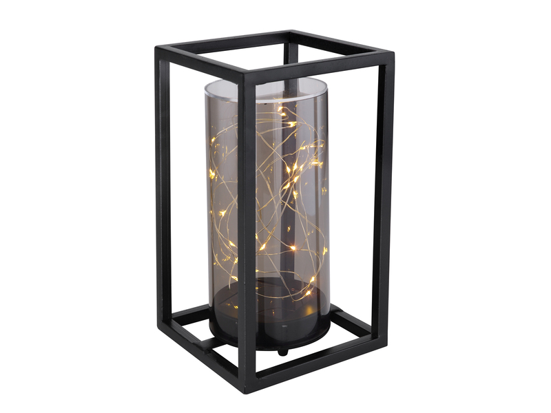 Kleine LED Solarlaterne mit rauchfarbigem Lampenschirm & Metallkäfig, Höhe 25cm