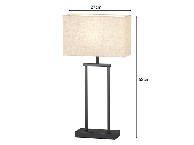 LED Tischlampe Schwarz, Lampenschirm Leinen Beige eckig, Höhe 52cm