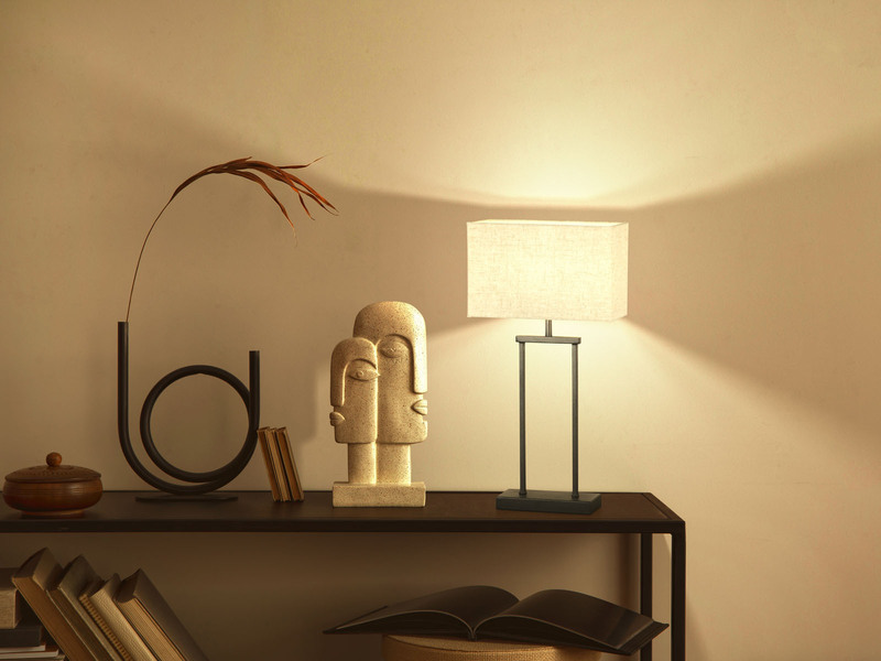 LED Tischlampe Schwarz, Lampenschirm Leinen Beige eckig, Höhe 52cm
