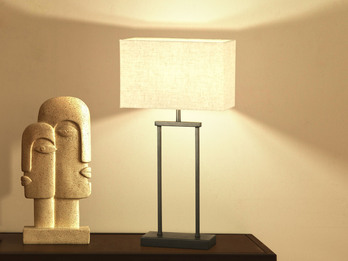 LED Tischlampe Schwarz, Lampenschirm Leinen Beige eckig, Höhe 52cm