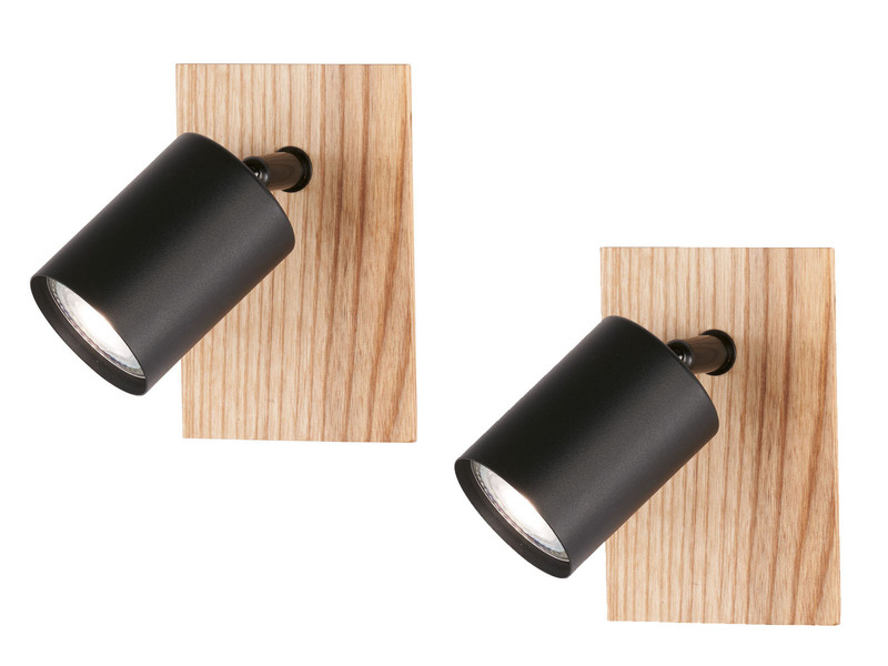 2er SET LED Wandstrahler Schwarz / Holzoptik mit Schalter, Höhe 13cm