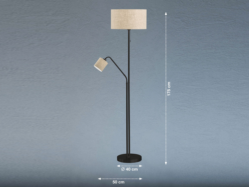 Stehlampe Schwarz mit LED dimmbar, Leselampe & Leinenschirm Beige, 175cm groß