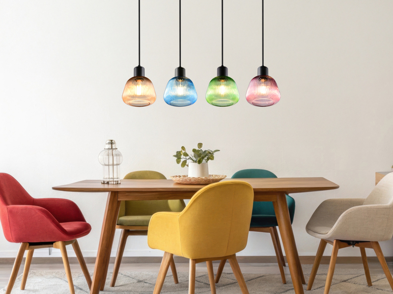 Pendelleuchte QUENYA mit Glasschirmen Bunt 4-flammig, Breite 90cm