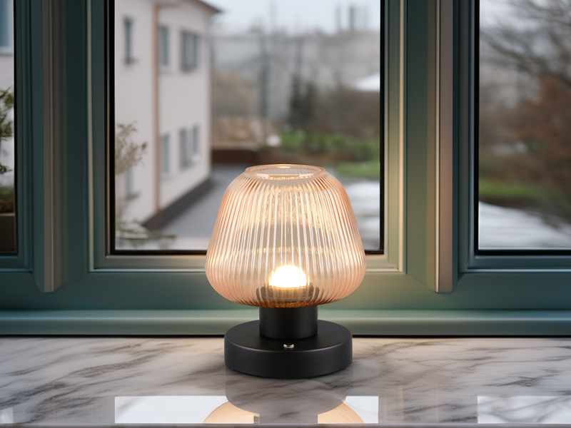 Kabellose LED Akku Tischleuchte QUENYA Glasschirm Bernstein, Höhe 18cm