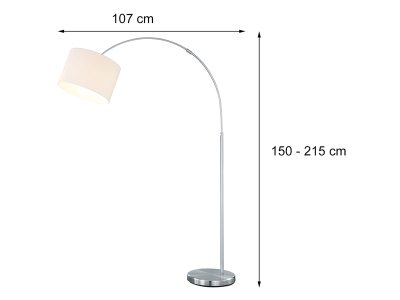 Große Bogenlampe HOTEL E27 Stoffschirm Weiß, höhenverstellbar von 150-215cm