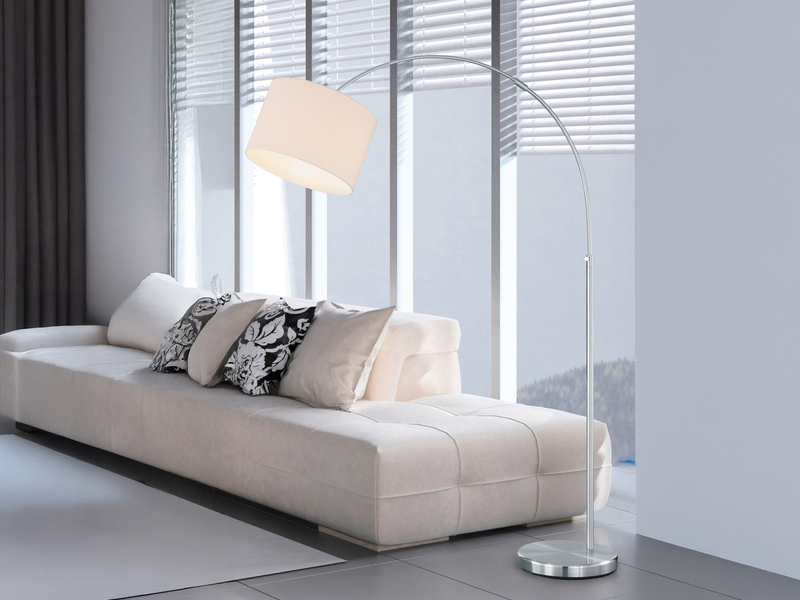Große Bogenlampe HOTEL E27 Stoffschirm Weiß, höhenverstellbar von 150-215cm
