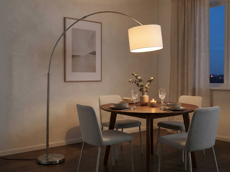 Große Bogenlampe HOTEL E27 Stoffschirm Weiß, höhenverstellbar von 150-215cm