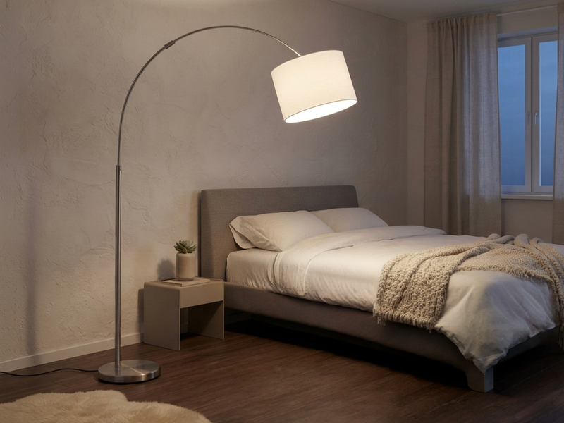 Große Bogenlampe HOTEL E27 Stoffschirm Weiß, höhenverstellbar von 150-215cm