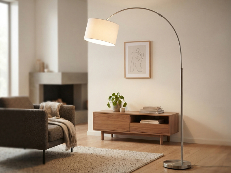 Große Bogenlampe HOTEL E27 Stoffschirm Weiß, höhenverstellbar von 150-215cm